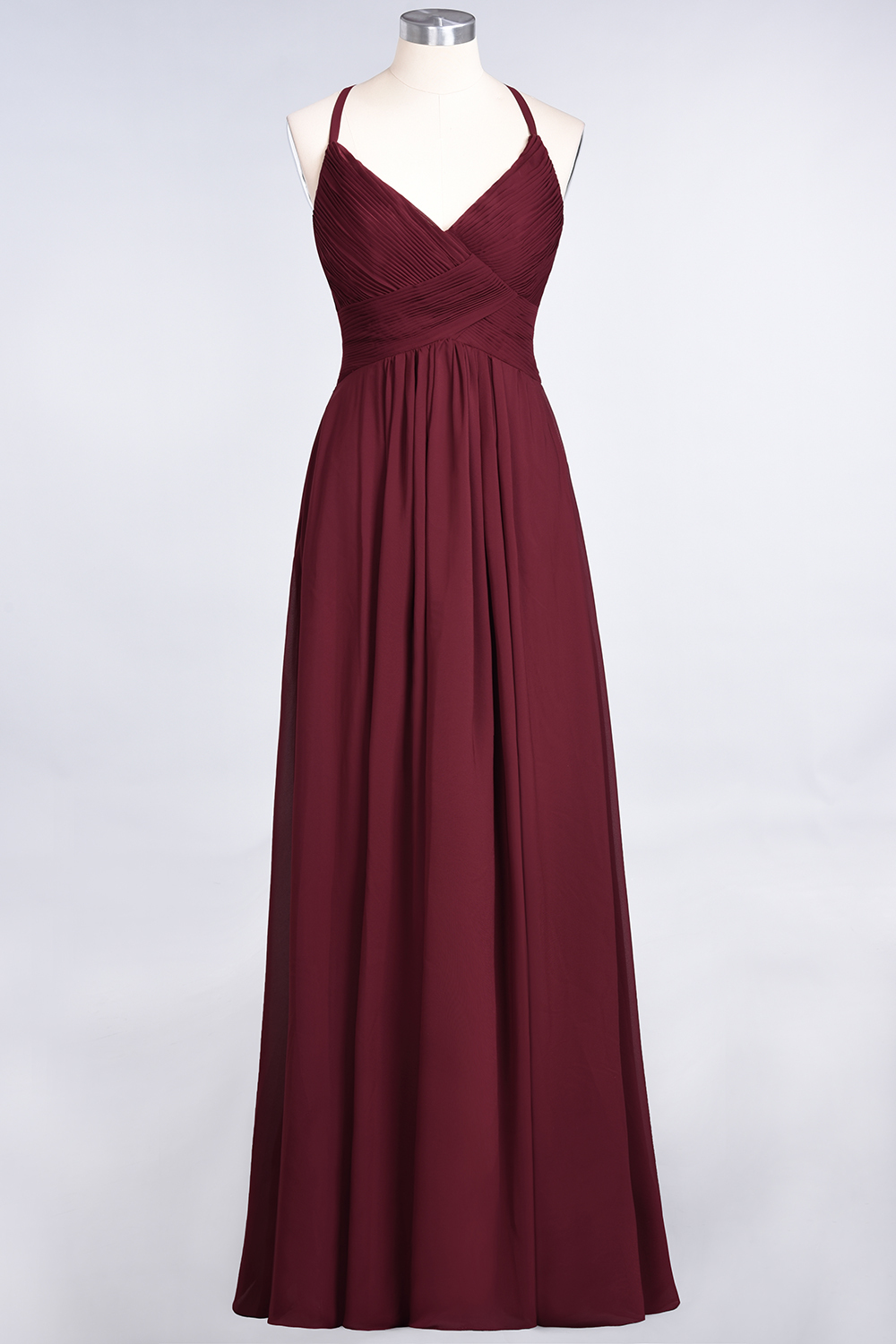 Sexy A-line Flowy Spaghetti-Straps Alluring V-neck Sleeveless Floor-Length Bridesmaid Dress UK UK with Ruffles-27Dress.co.uk