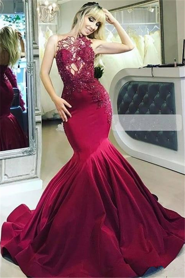 Burgundy Maroon Luxury Sheer Straps Applique Elegant Mermaid Prom Dress UKes UK UK