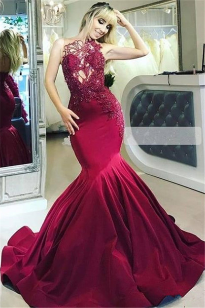 Burgundy Maroon Luxury Sheer Straps Applique Elegant Mermaid Prom Dress UKes UK UK