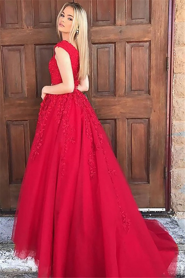 Fashion Red Elegant V-Neck Lace Appliques Prom Dress UKes UK Sleeveless Evening Dress UKes UK with Beads