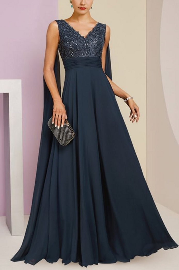 Elegant V-neck Sequins Floor-length A-Line Prom Dresses