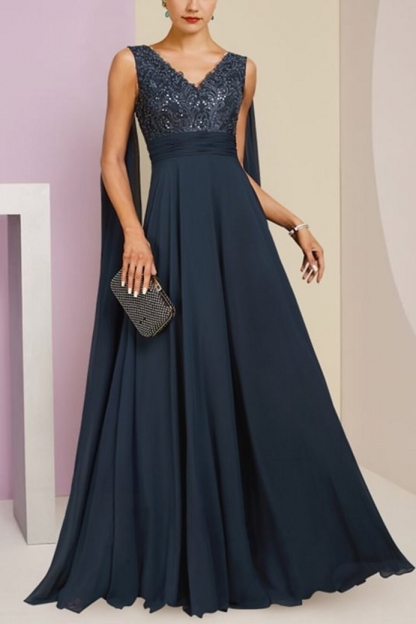 Elegant V-neck Sequins Floor-length A-Line Prom Dresses