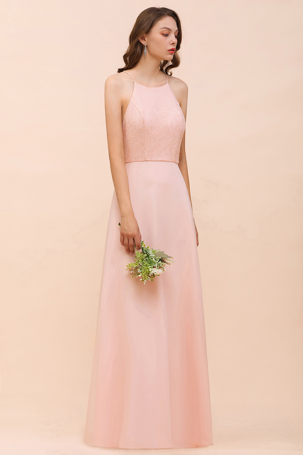 Chic Halter Pink Long Bridesmaid Dress Simple Evening Dress for Women
