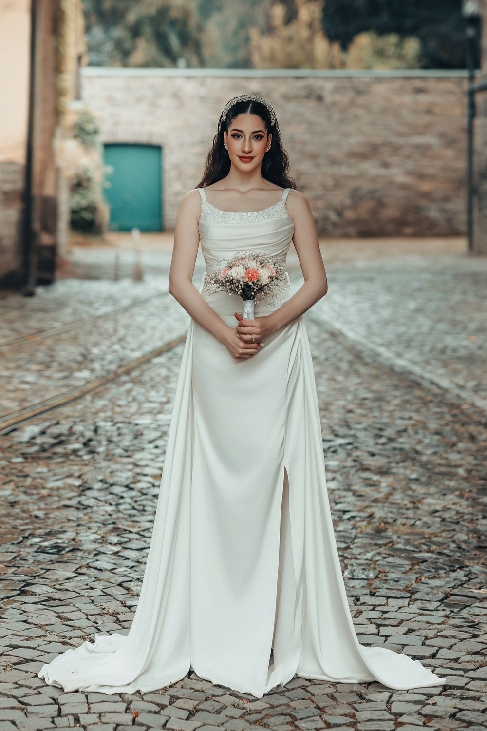 Unique Satin Ruched Pearl A-Line Wedding Dresses Chapel Train-27Dress.co.uk