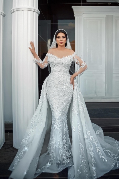 Appliques Lace Sequins Mermaid Wedding Dresses Long Sleeve