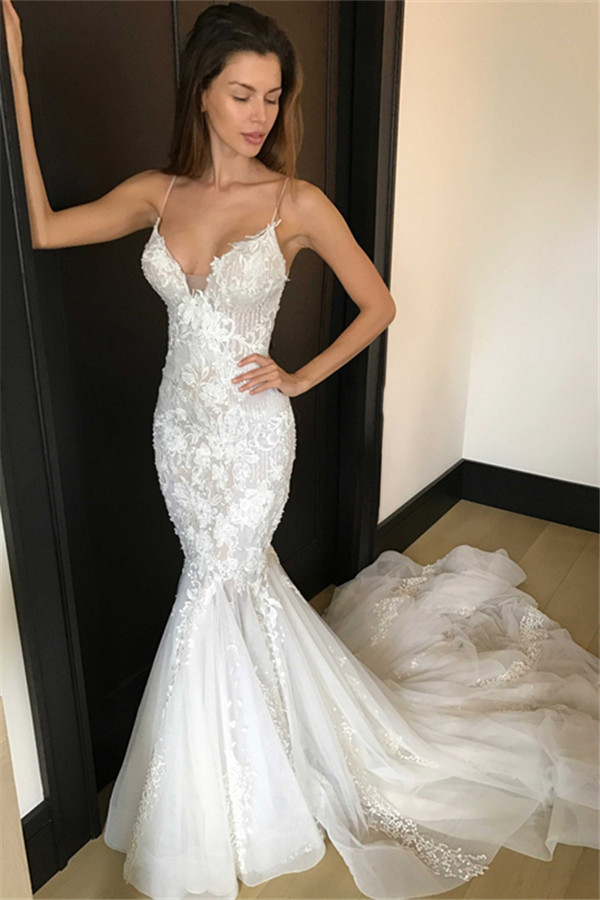 Elegant Sexy Mermaid Spaghetti Straps Wedding Dresses UK | Appliques Bridal Gowns