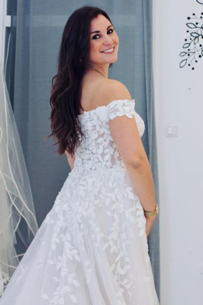 Modest Of-the-Shoulder White Tulle Aline Wedding Dress with Floral Appliques