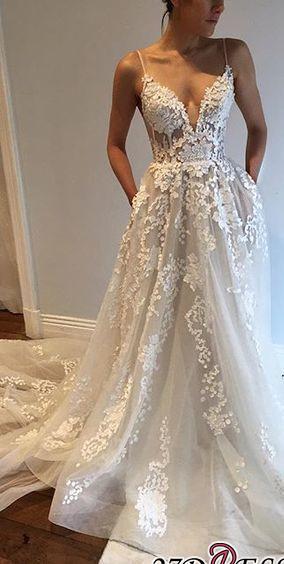 A-Line Appliques V-Neck Spaghetti-Straps Tulle Wedding Dresses UK qq0275