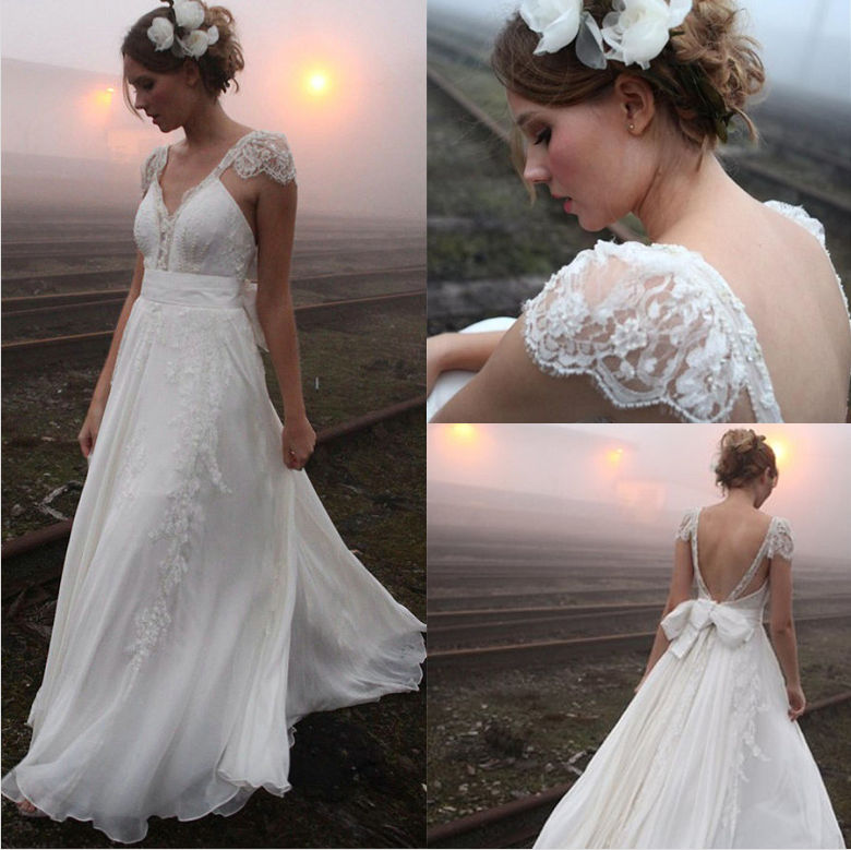 Elegant Summer Beach Wedding Dresses UK Cap Sleeve Lace Long Bridal Gowns