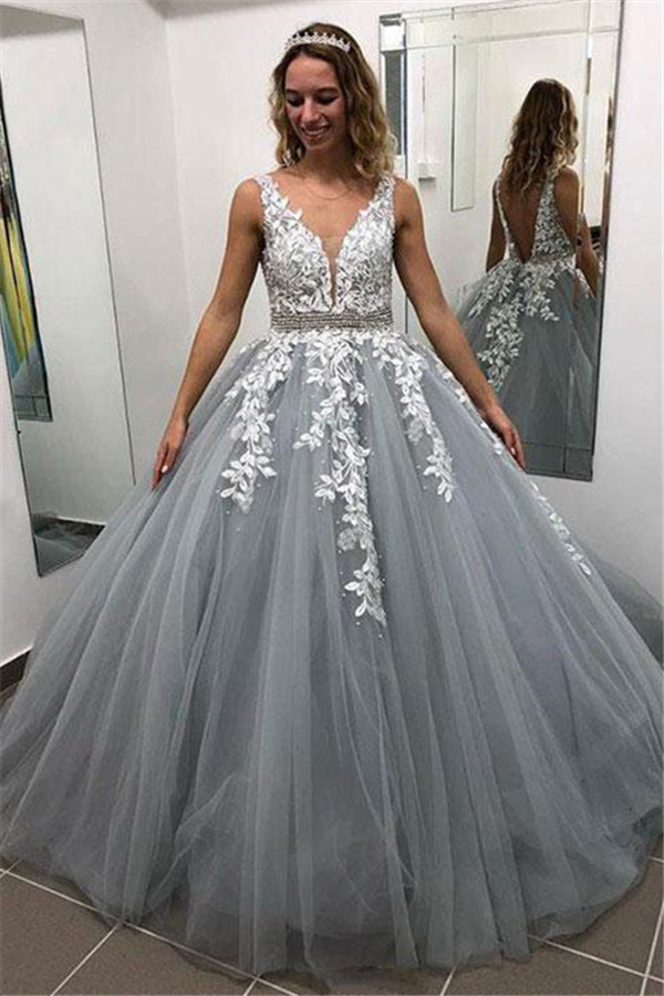 Elegant Crystal Apppliques Simple Ball Gown Prom Dresses | A-Line Sleeveless Backless Evening Dresses-27Dress.co.uk