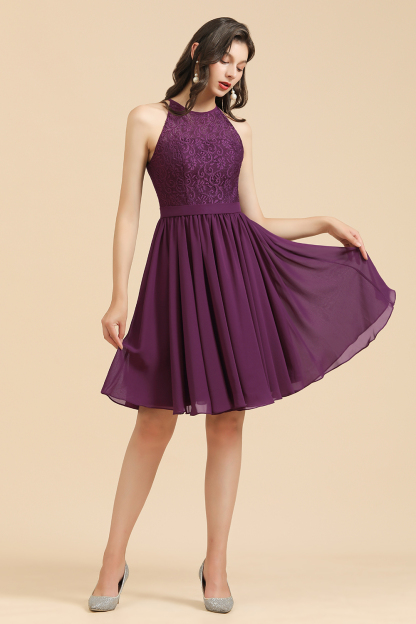 Elegant Halter Grape Lace Short Bridesmaid Dresses Chiffon Knee Length Wedding Guest Dress