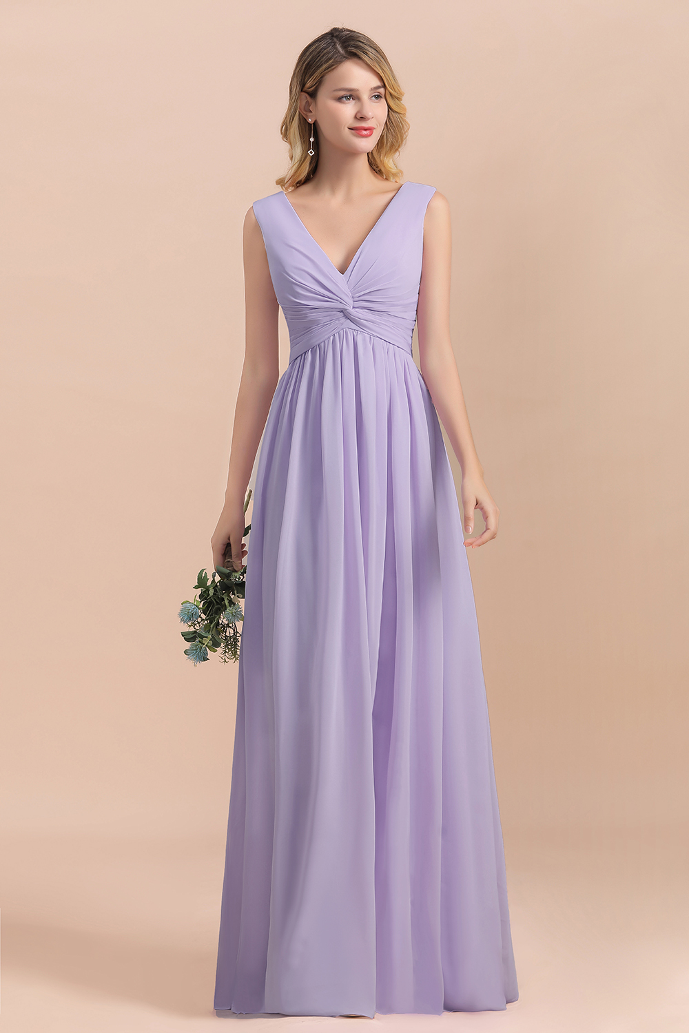 Chic Lilac A-line Chiffon Bridesmaid Dress Sleeveless V-Neck Long Wedding Guest Dress