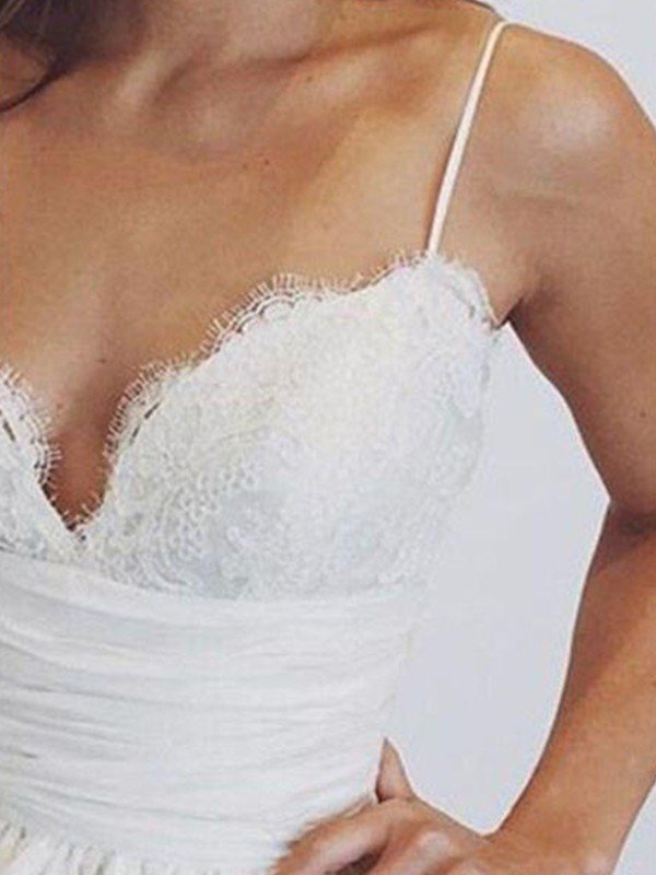 Sweep Train Ball Gown Sleeveless Ruched Satin Spaghetti Straps Wedding Dresses UK