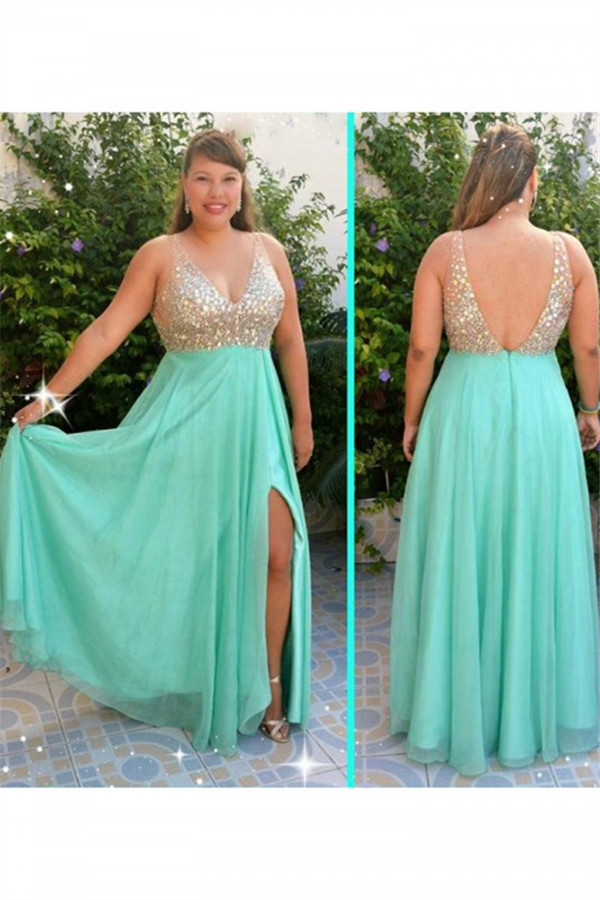 Sexy Sequins Green Elegant V-Neck Prom Dress UKes UK Plus Size Open Back Side-Slit Elegant Evening Dress UKes UK