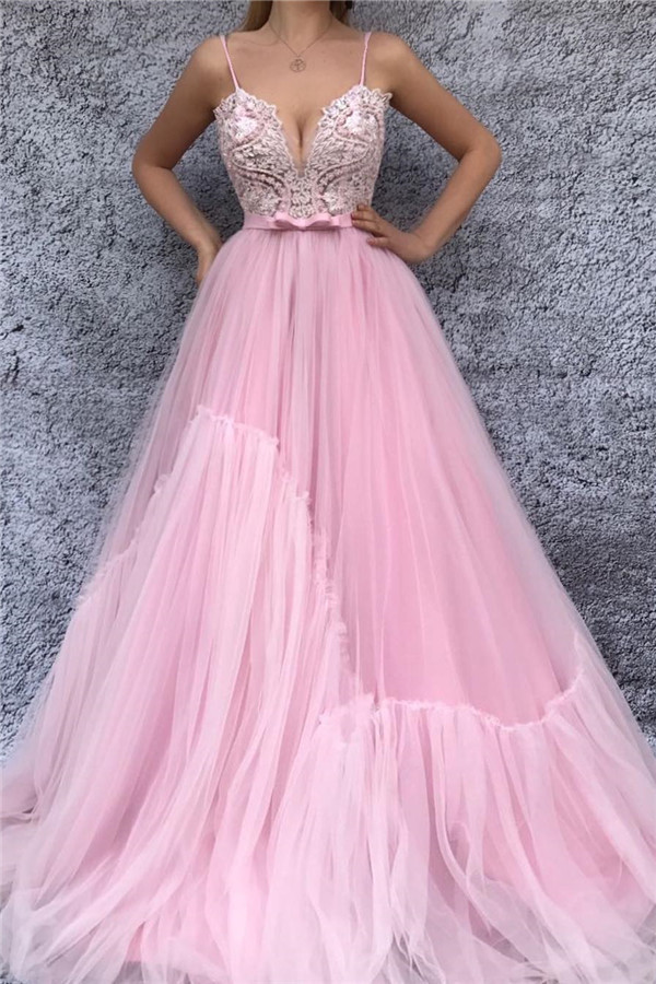 Spaghetti Straps V-Neck Pink Evening Dress UK | Sexy Lace Bodice Long Prom Dress with Sash