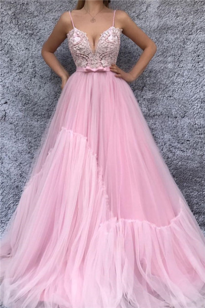 Spaghetti Straps V-Neck Pink Evening Dress UK | Sexy Lace Bodice Long Prom Dress with Sash