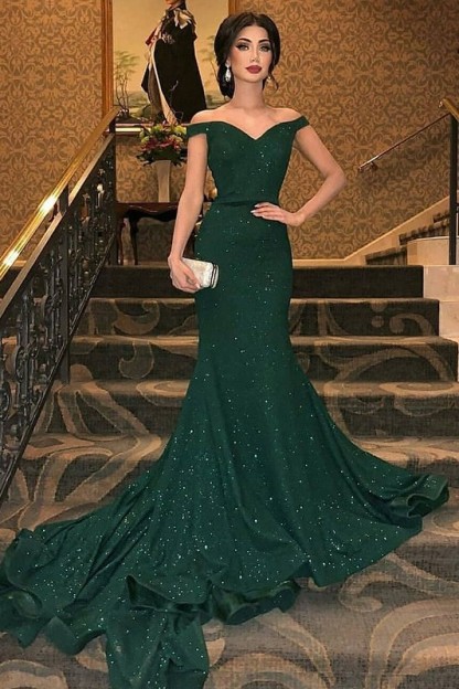 Dark Green Off-The-Shoulder Sequined Elegant Mermaid Sleeveless Sweep Train Prom Dress UKes UK UK