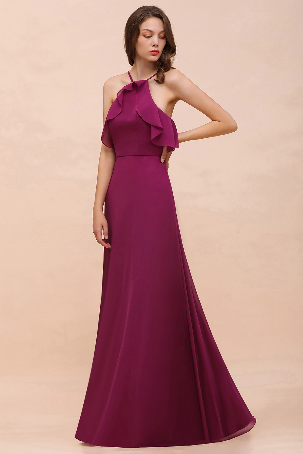 Chic Halter Chiffon Long Bridesmaid Dress Mulberry A-line Wedding Guest Dress