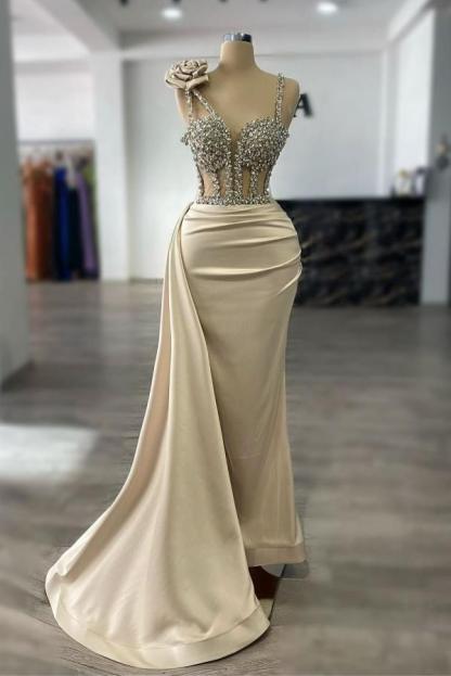 Sexy Spaghetti Straps Crystal Floor-Length Mermaid Prom Dresses