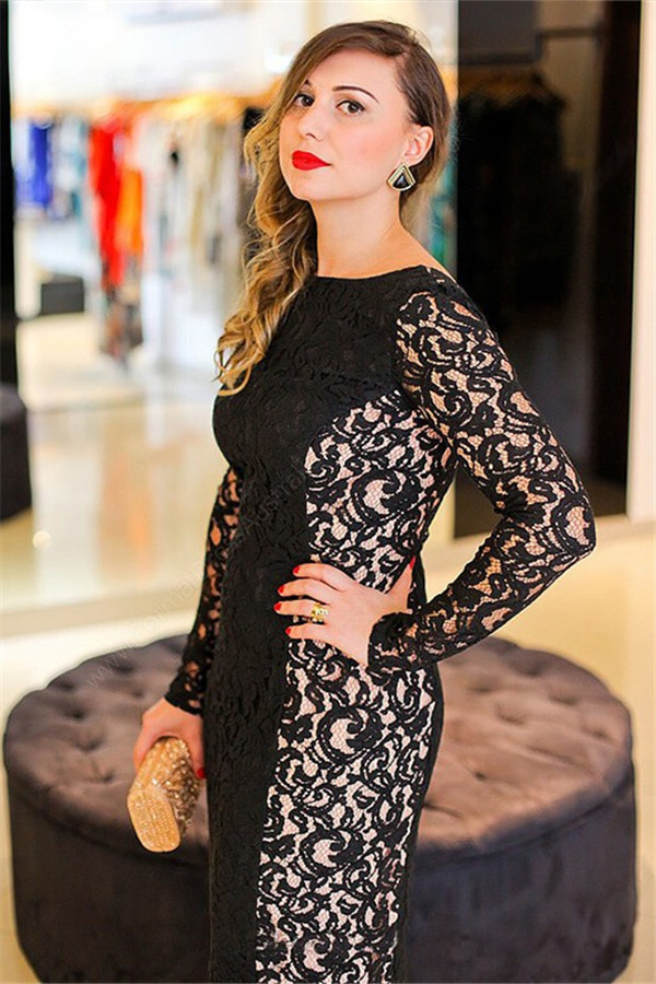 Hi-lo Lace Long Sleeves Lace Prom Dress UKes UK Plus Size Black Plus Size Elegant Evening Dress UKes UK