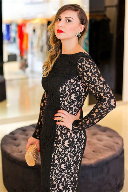 Hi-lo Lace Long Sleeves Lace Prom Dress UKes UK Plus Size Black Plus Size Elegant Evening Dress UKes UK