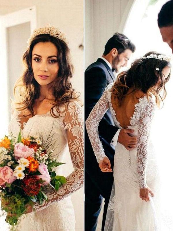 V-neck Sheath Court Train Applique Lace Long Sleeves Wedding Dresses UK-27Dress.co.uk