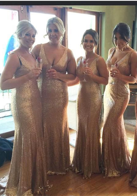Stunnning V-Neck Sequins Gold Bridesmaid Dress UK Plus Size Long Floor Length