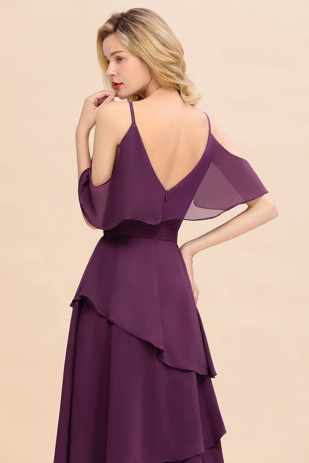 Ruffle Sleeves Long Layer Grape Bridesmaid Dress