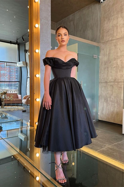 Off-the-Shoulder Black Satin Party Dress Ankle Length Special Occasion Dress
