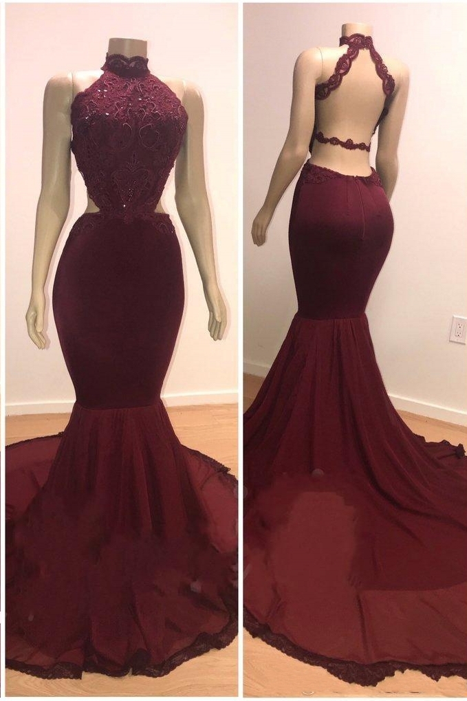 Lace Top High Neck Elegant Trumpt Long Wine Red Maroon Prom Dress UKes UK UK