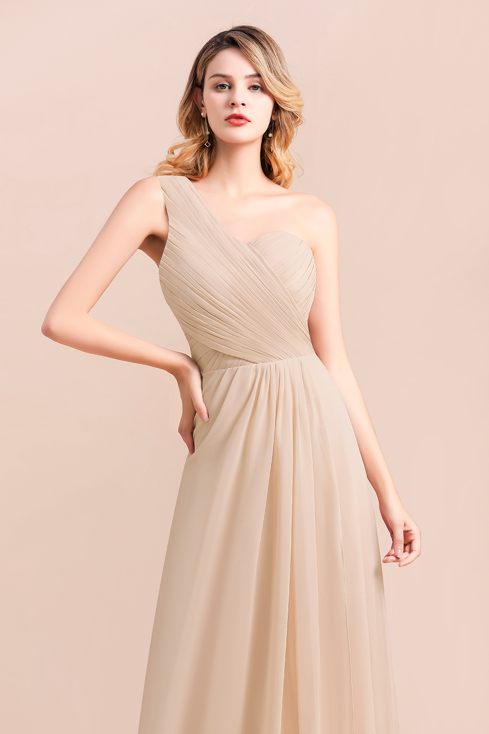 Elegant One Shoulder Lace Chiffon Champagne Bridesmaid Dress with Front Split