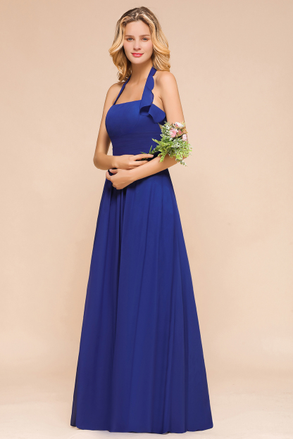 Affordable Halter Bridesmaid Dress Royal Blue Chiffon Long Wedding Guest Dress