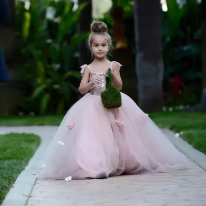 Delicate Pink Tulle Flowers Girl Pageant Dress Sweep Train