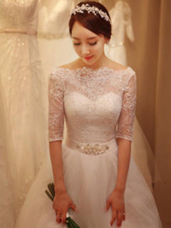 Tulle Ball Gown Beads Off-the-Shoulder 1/2 Sleeves Wedding Dresses UK