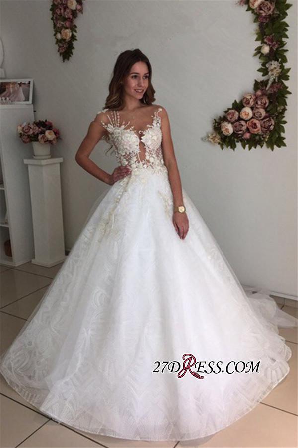 A-Line Beach Court-Train White Lace Tulle Appliques Wedding Dresses UK