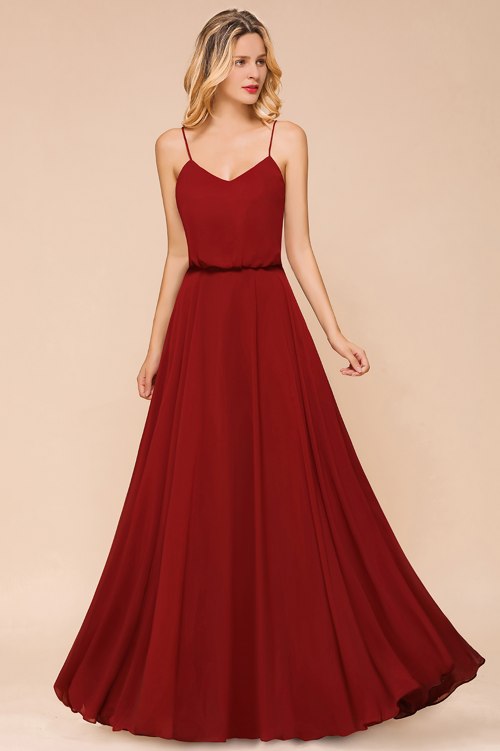 Spaghetti Straps Chiffon Rust Long Bridesmaid Dress