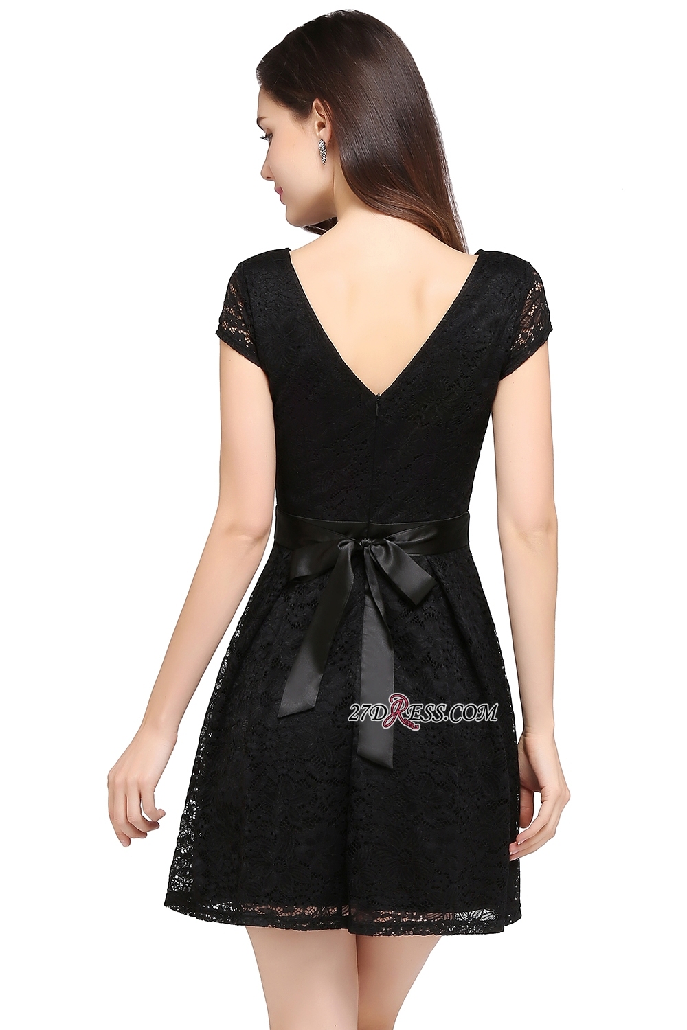 Cap-Sleeves Short Sash Simple Jewel Black Lace Homecoming Dress UK