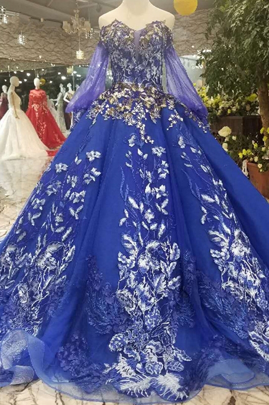 Off-the-Shoulder Long Sleeves Ball Gown Tulle Applique Court Train Prom Dress UK UK