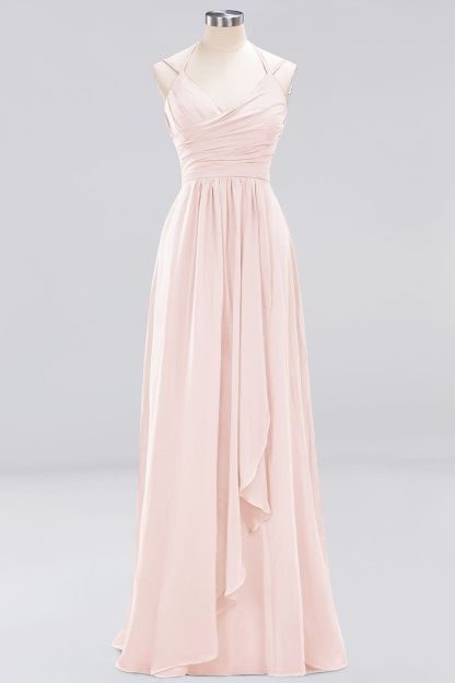 A-line Sleeveless Ruffles Chiffon Floor-Length Bridesmaid Dresses with Straps