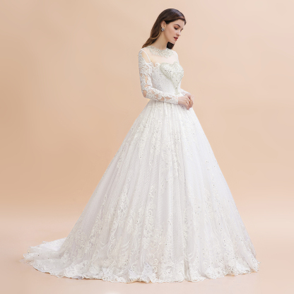 Gorgeous Long Sleeve Wedding Dress Beads White/Ivory with Lace Appliques
