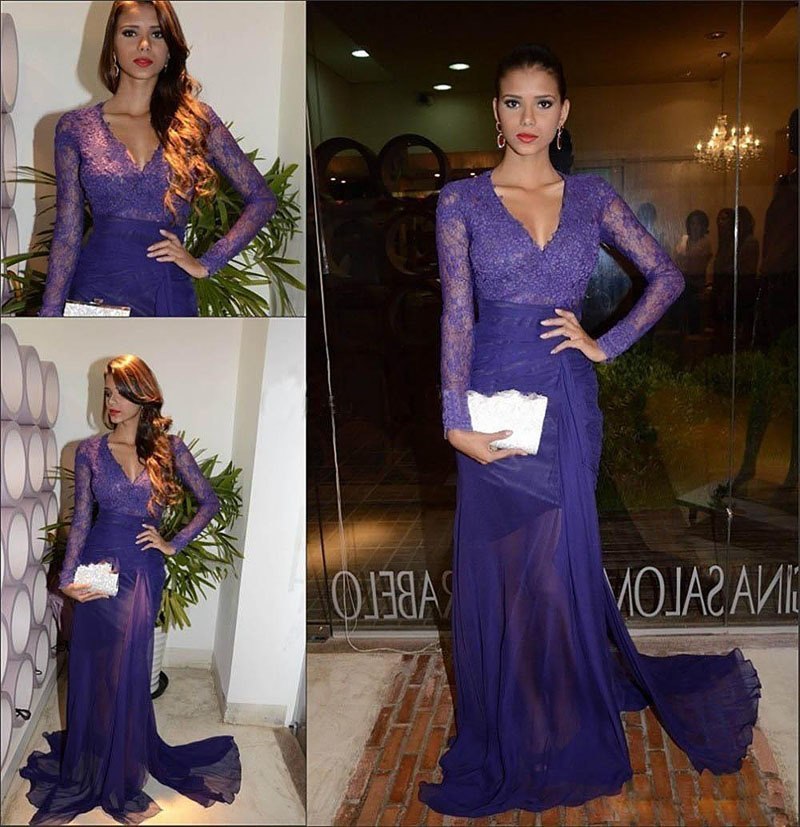 Amazing Column Sexy V-Neck Long Sleeves Tulle Applique Prom Dress UKes UK UK