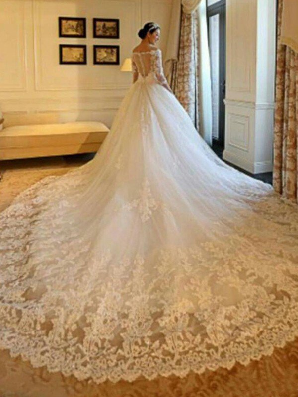 Tulle Ball Gown 3/4 Sleeves Beads Applique Cathedral Train Off-the-Shoulder Wedding Dresses UK
