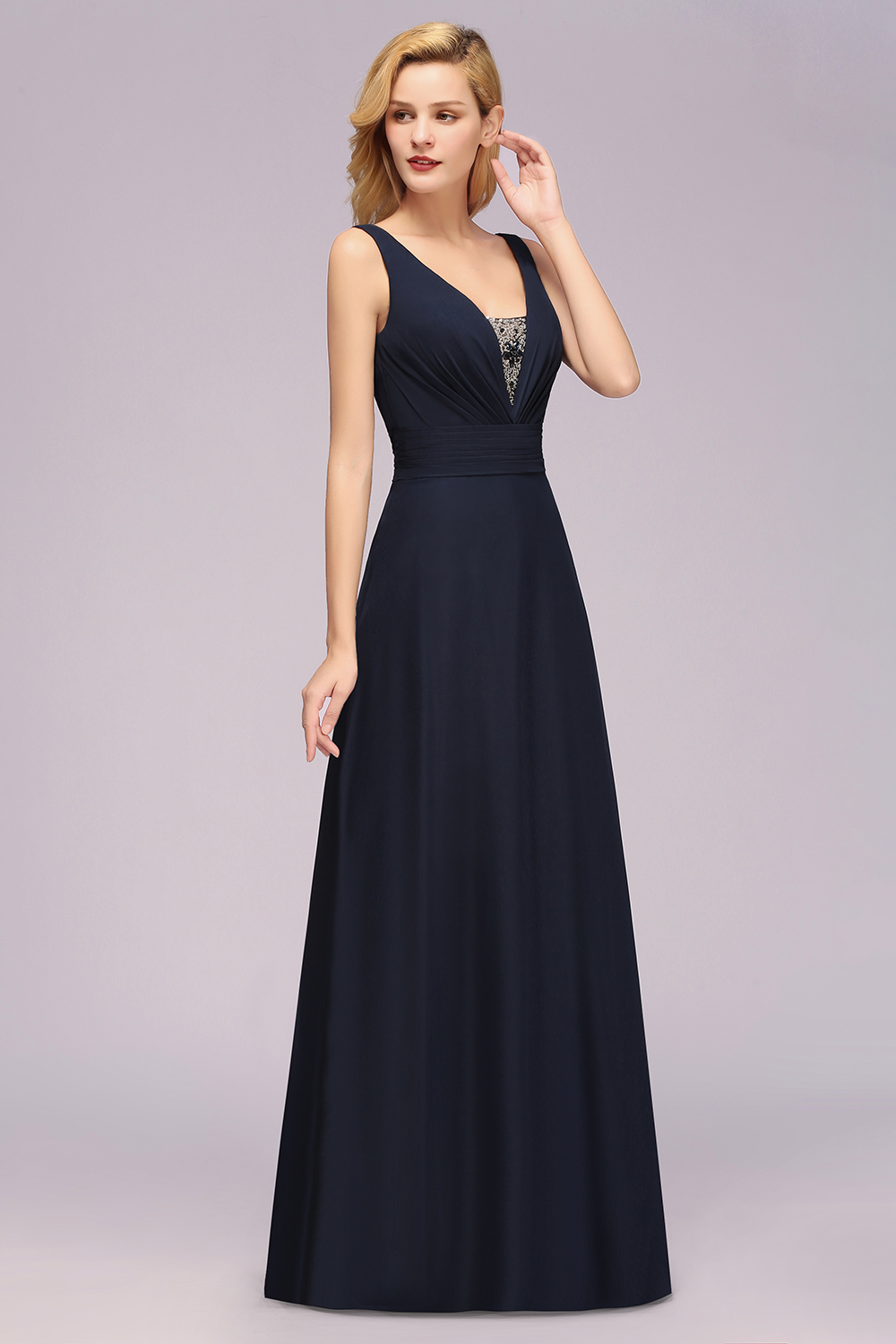 V-Neck Chiffon Beadings Long Bridesmaid Dresses