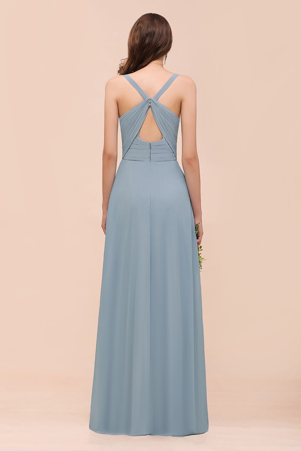 Elegant V-Neck Dusty Blue Chiffon Bridesmaid Dress Sleeveless Floor Length Wedding Guest Dress