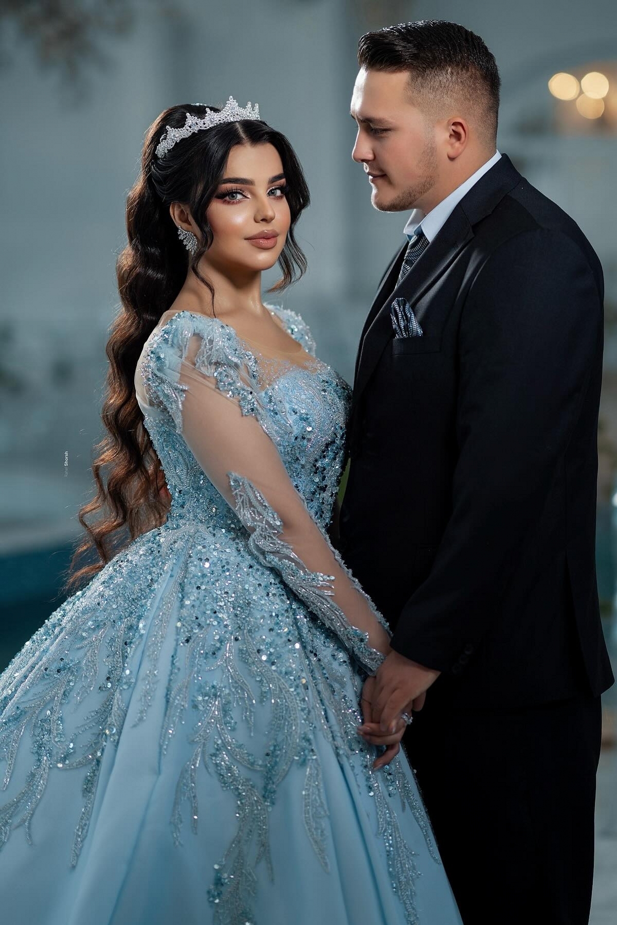 Square Neckline Sequins Princess Prom Dresses Long Sleeve