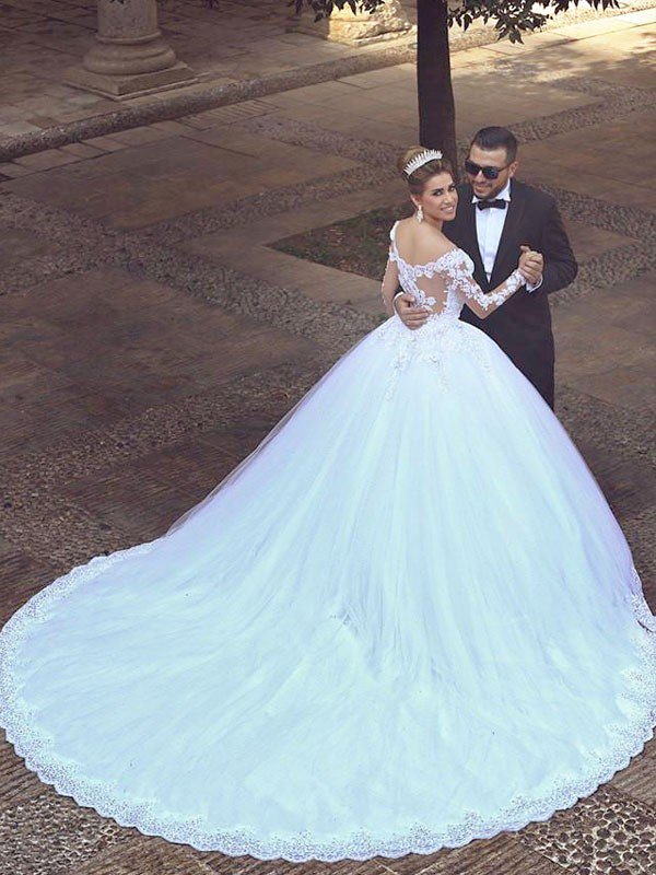 Long Sleeves Court Train Ball Gown Off-the-Shoulder Tulle Wedding Dresses UK