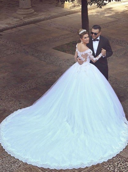 Long Sleeves Court Train Ball Gown Off-the-Shoulder Tulle Wedding Dresses UK