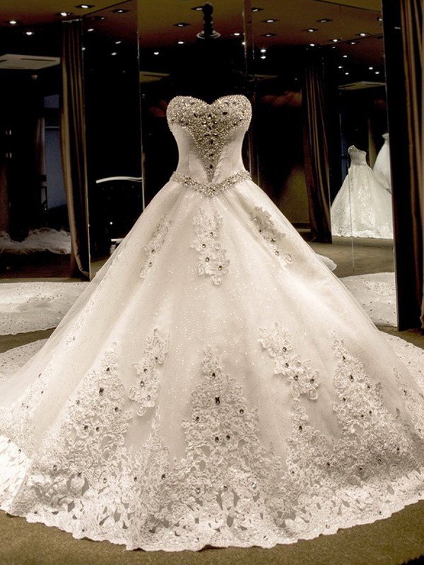 Sleeveless Applique Sequin Sweetheart Ball Gown Cathedral Train Tulle Wedding Dresses UK-27Dress.co.uk