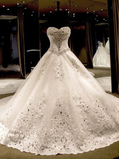 Sleeveless Applique Sequin Sweetheart Ball Gown Cathedral Train Tulle Wedding Dresses UK-27Dress.co.uk