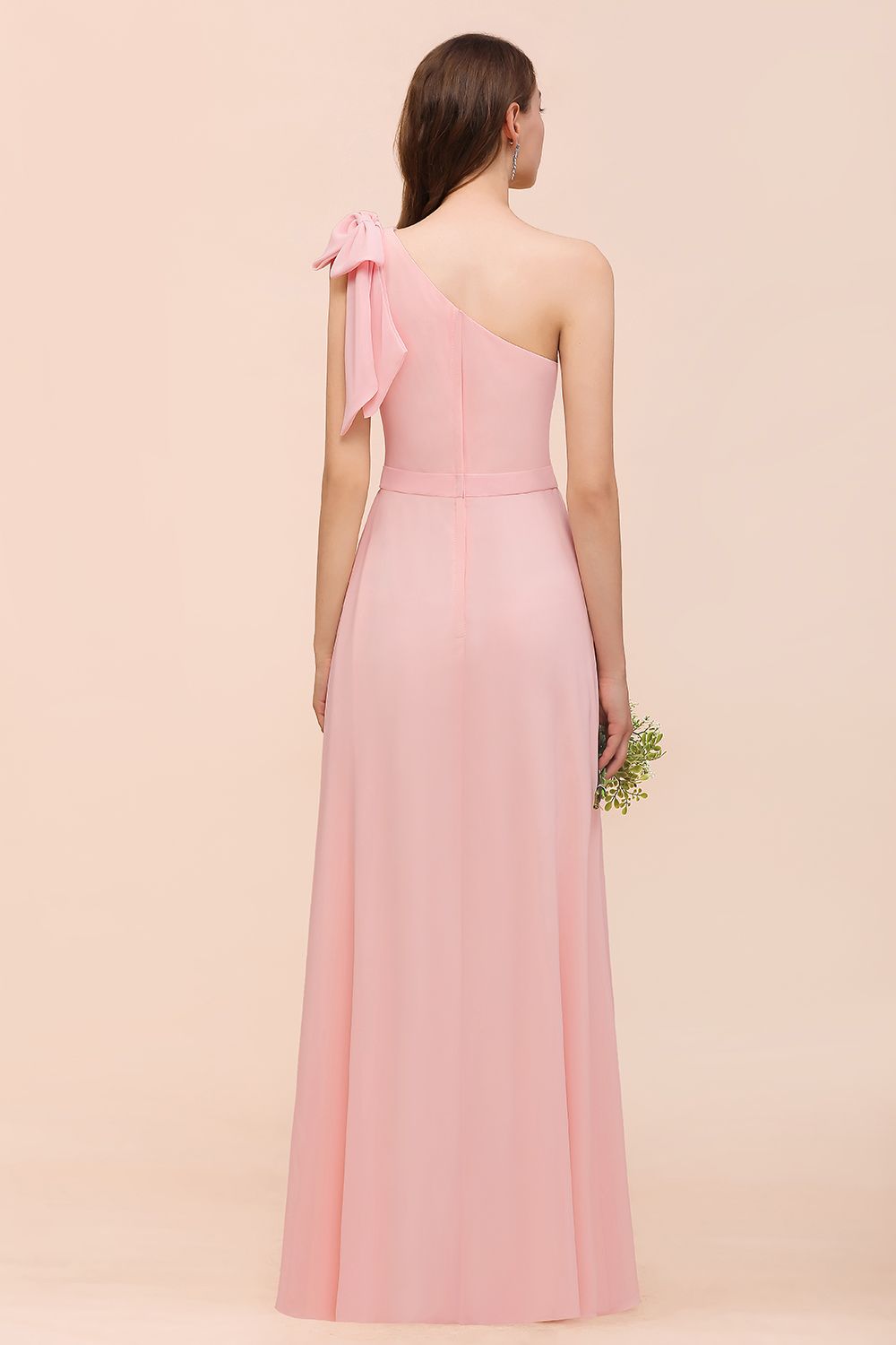 One Shoulder Pink Bridesmaid Dress Sleeveless Chiffon Long Wedding Guest Dress